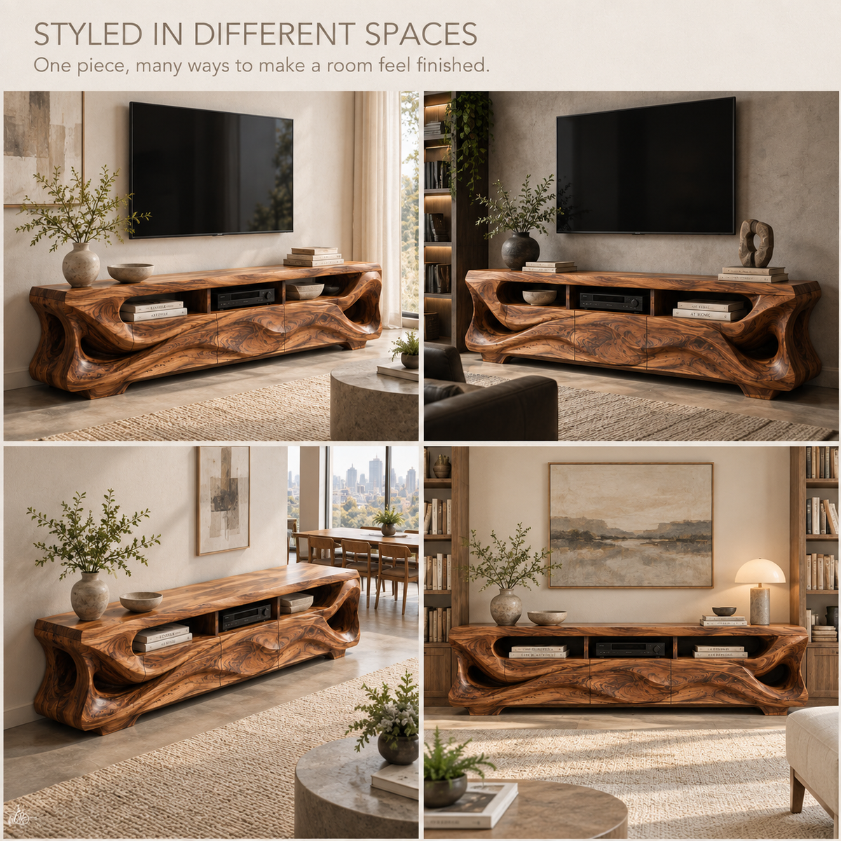 Tavian Sculptural Solid Wood TV Stand - Design 131 - product detail and styling view 9