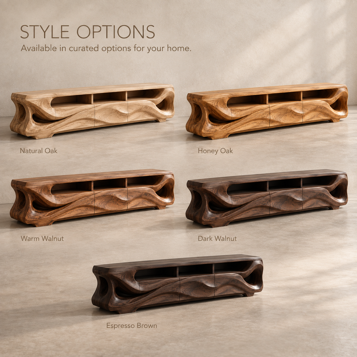 Tavian Sculptural Solid Wood TV Stand - Design 131 - product detail and styling view 10