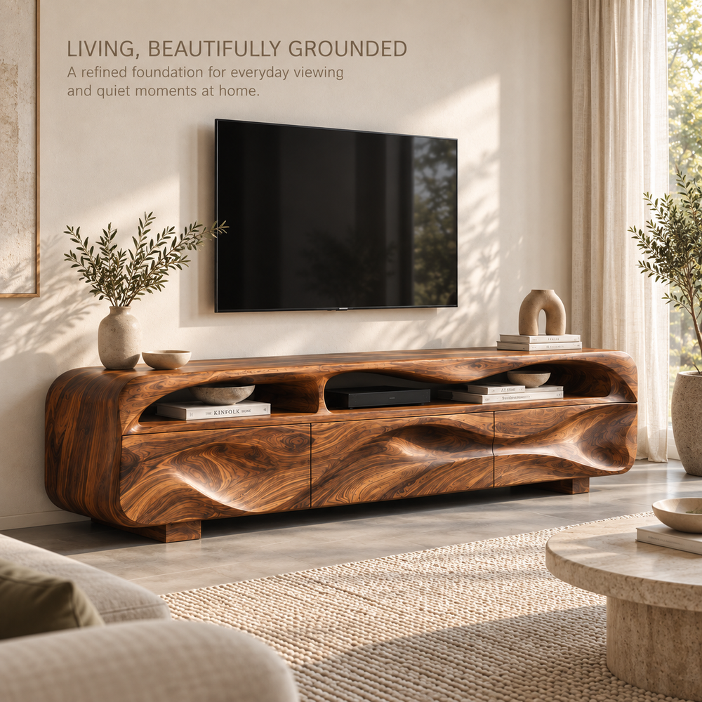 Sable Sculptural Solid Wood TV Stand - Design 132 - main lifestyle view