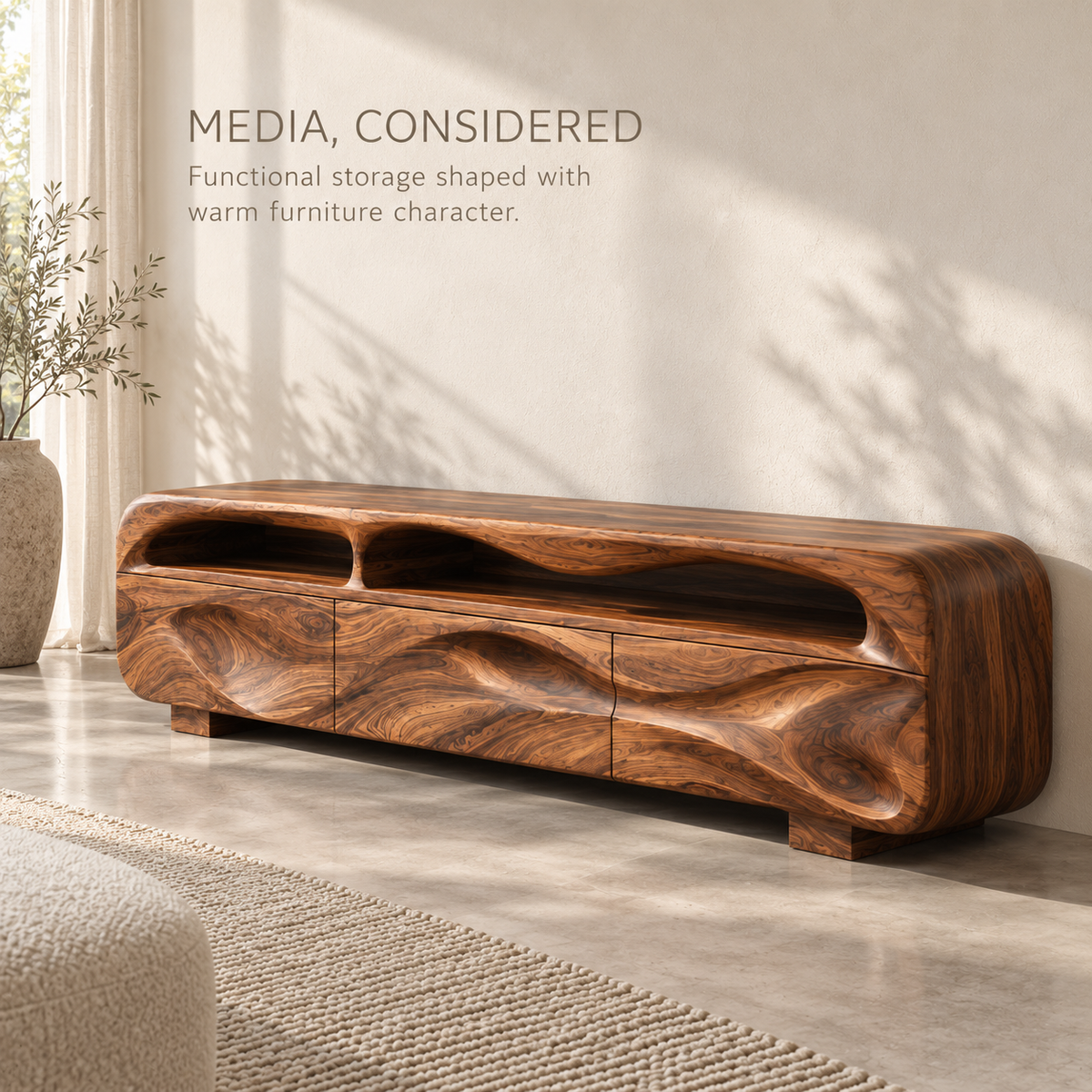 Sable Sculptural Solid Wood TV Stand - Design 132 - product detail and styling view 2