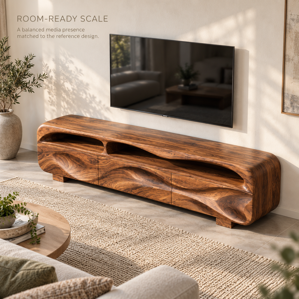Sable Sculptural Solid Wood TV Stand - Design 132 - product detail and styling view 3