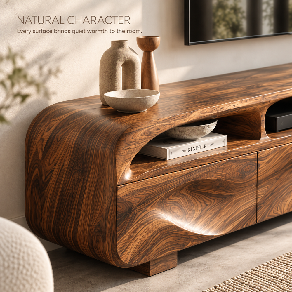 Sable Sculptural Solid Wood TV Stand - Design 132 - product detail and styling view 4