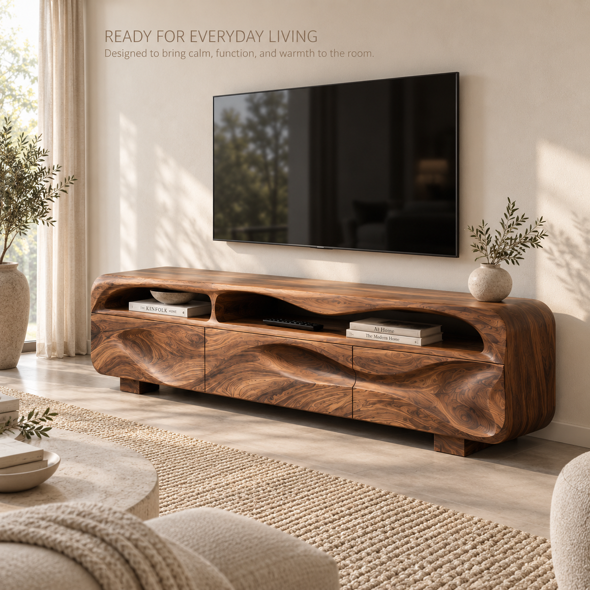 Sable Sculptural Solid Wood TV Stand - Design 132 - product detail and styling view 6