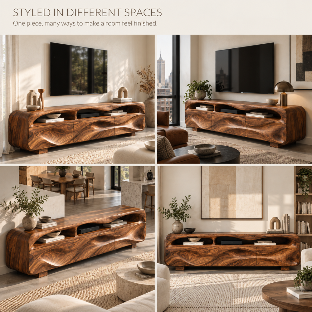 Sable Sculptural Solid Wood TV Stand - Design 132 - product detail and styling view 9