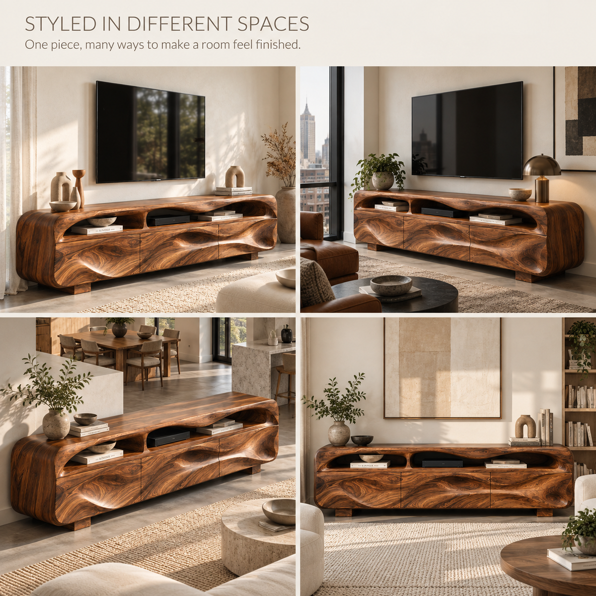 Sable Sculptural Solid Wood TV Stand - Design 132 - product detail and styling view 9