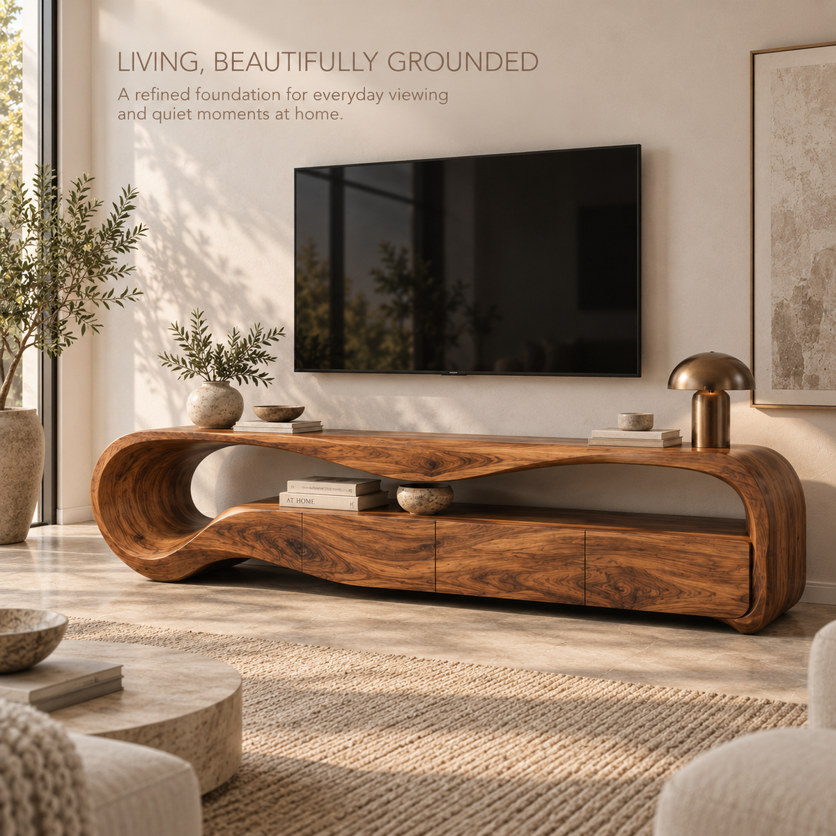 Aurelia Sculptural Solid Wood TV Stand - Design 133 - main lifestyle view