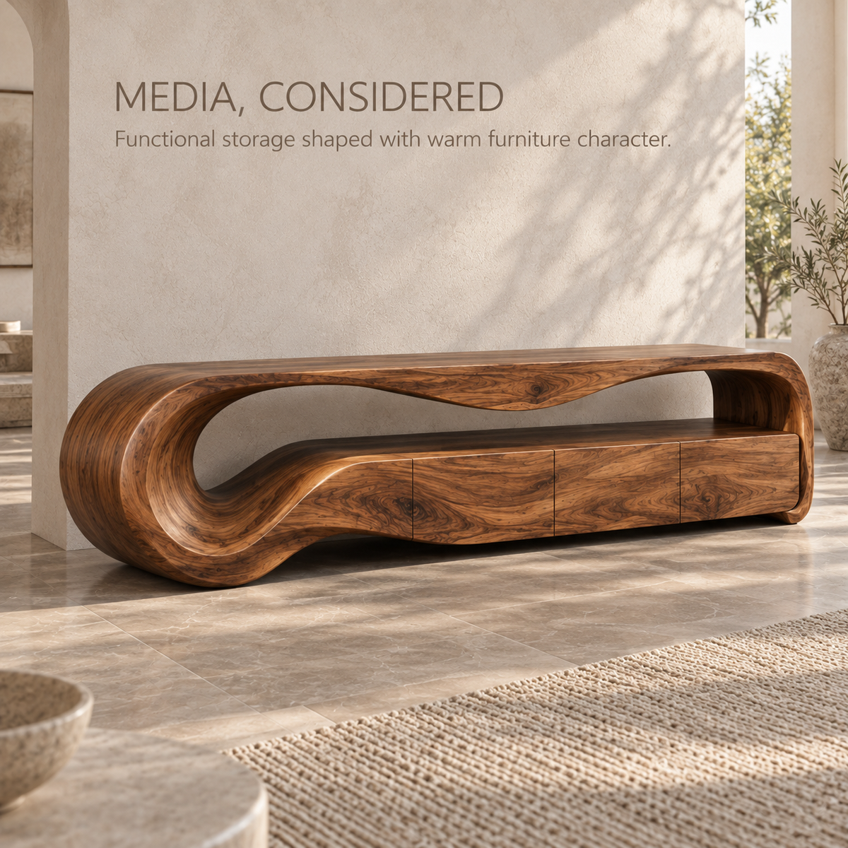 Aurelia Sculptural Solid Wood TV Stand - Design 133 - product detail and styling view 2