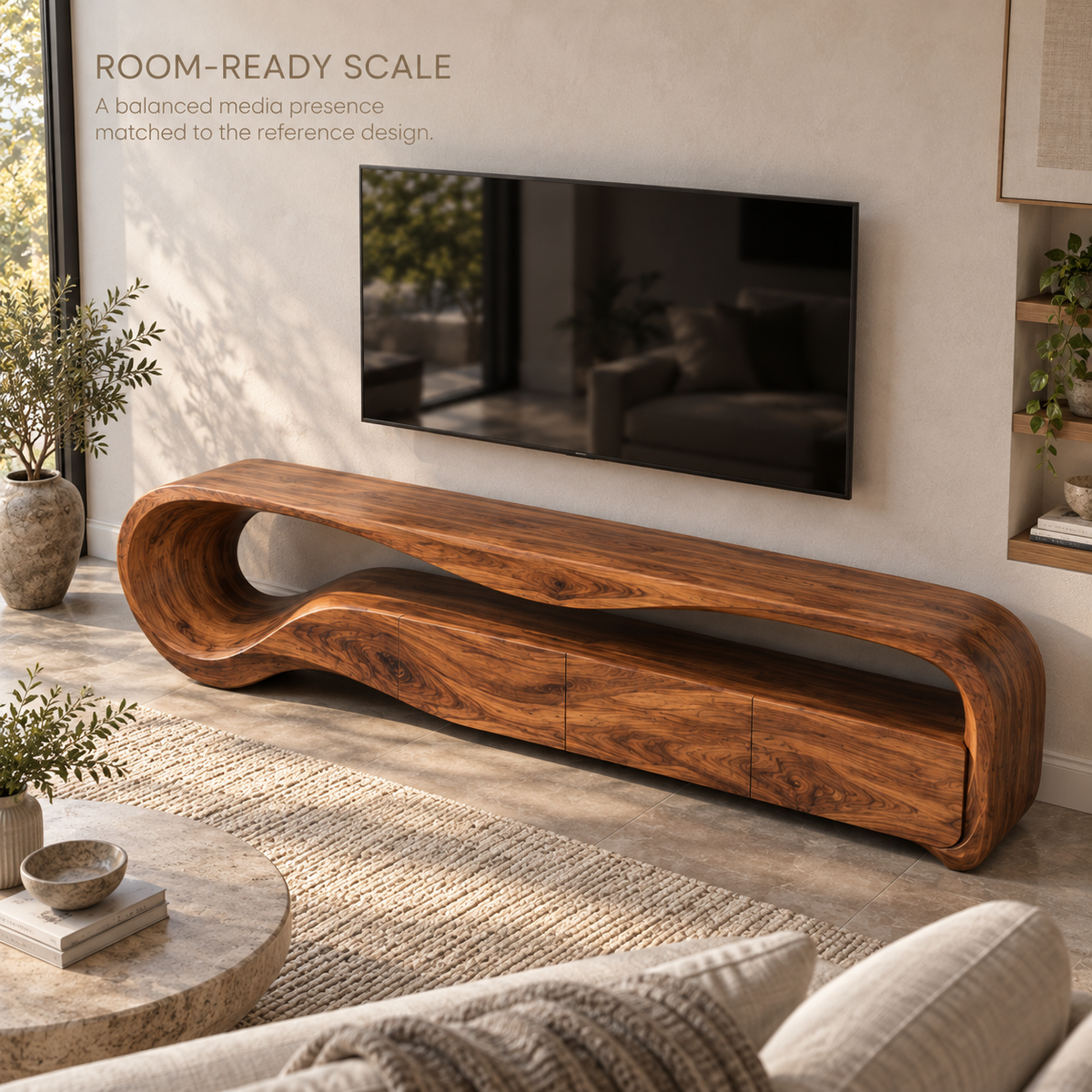 Aurelia Sculptural Solid Wood TV Stand - Design 133 - product detail and styling view 3