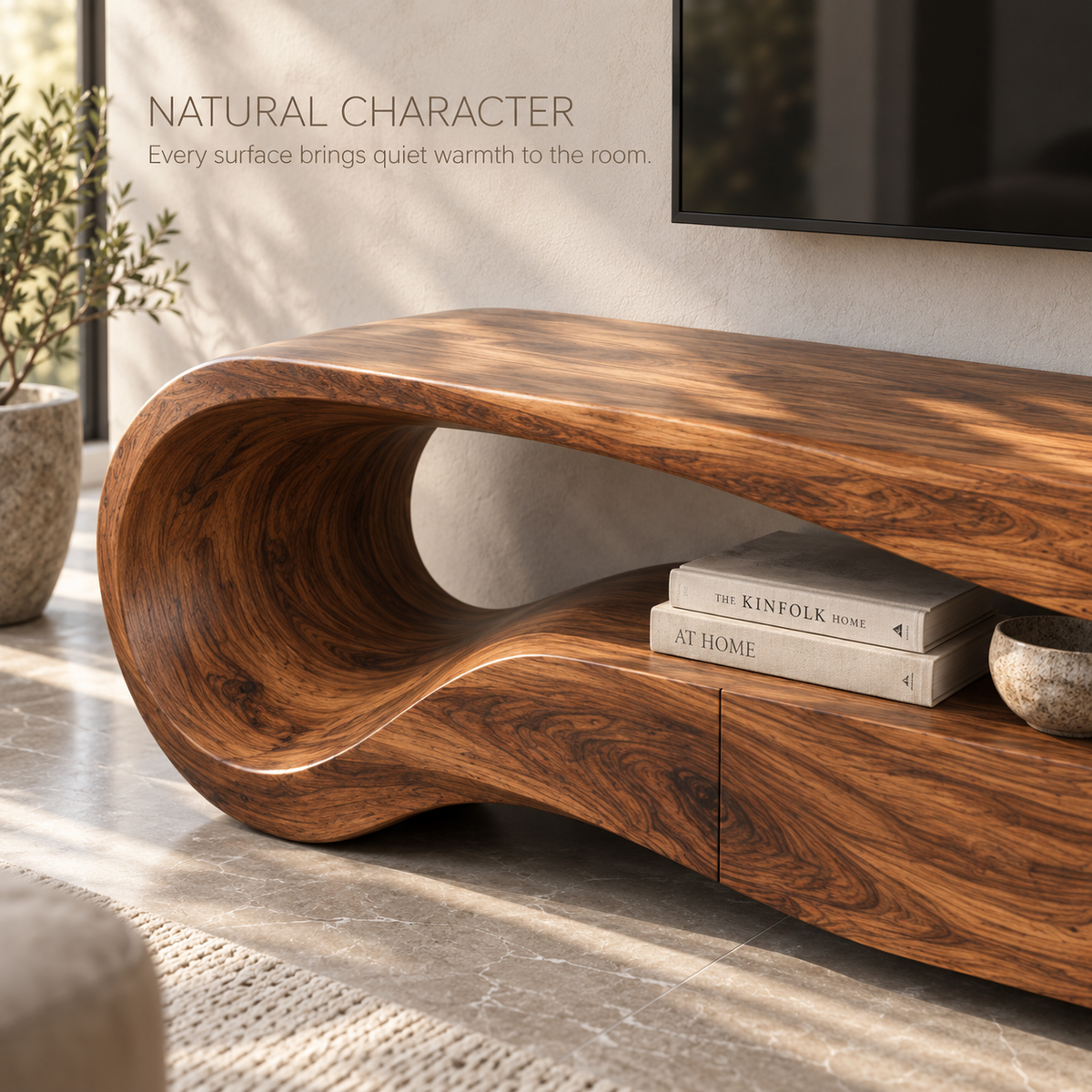 Aurelia Sculptural Solid Wood TV Stand - Design 133 - product detail and styling view 4