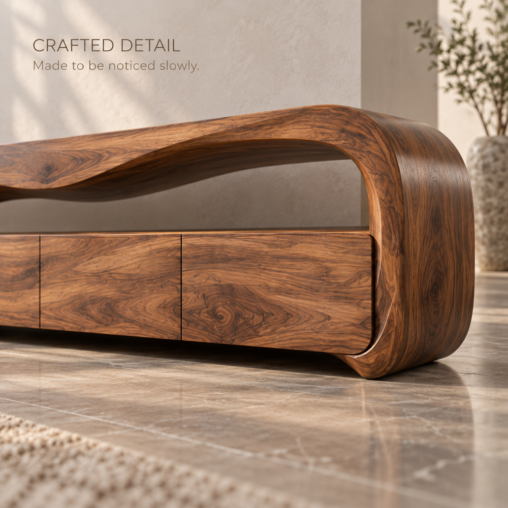 Aurelia Sculptural Solid Wood TV Stand - Design 133 - product detail and styling view 5