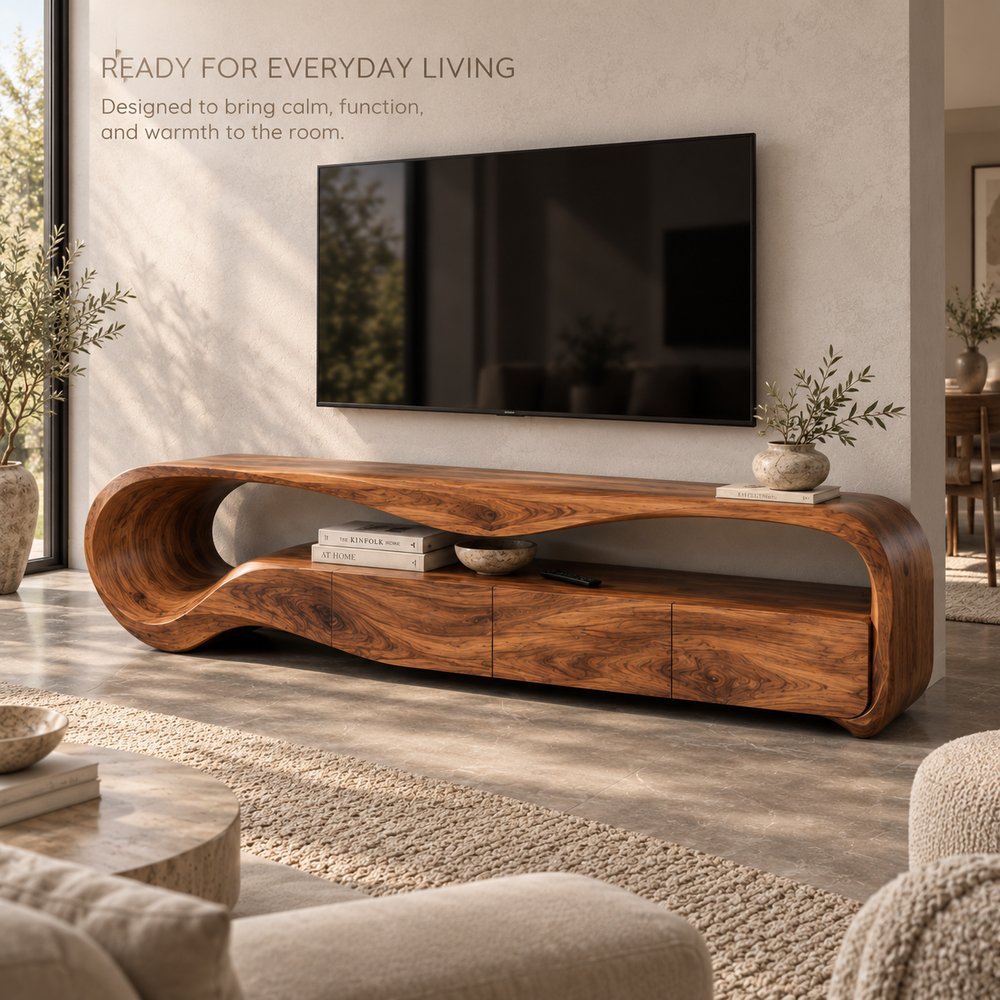 Aurelia Sculptural Solid Wood TV Stand - Design 133 - product detail and styling view 6