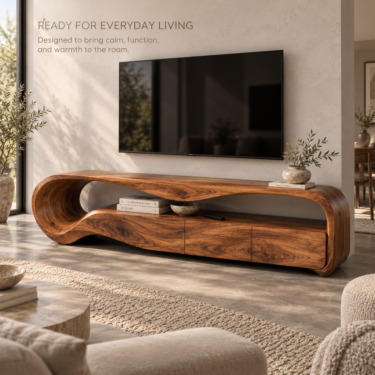 Aurelia Sculptural Solid Wood TV Stand - Design 133 - product detail and styling view 6