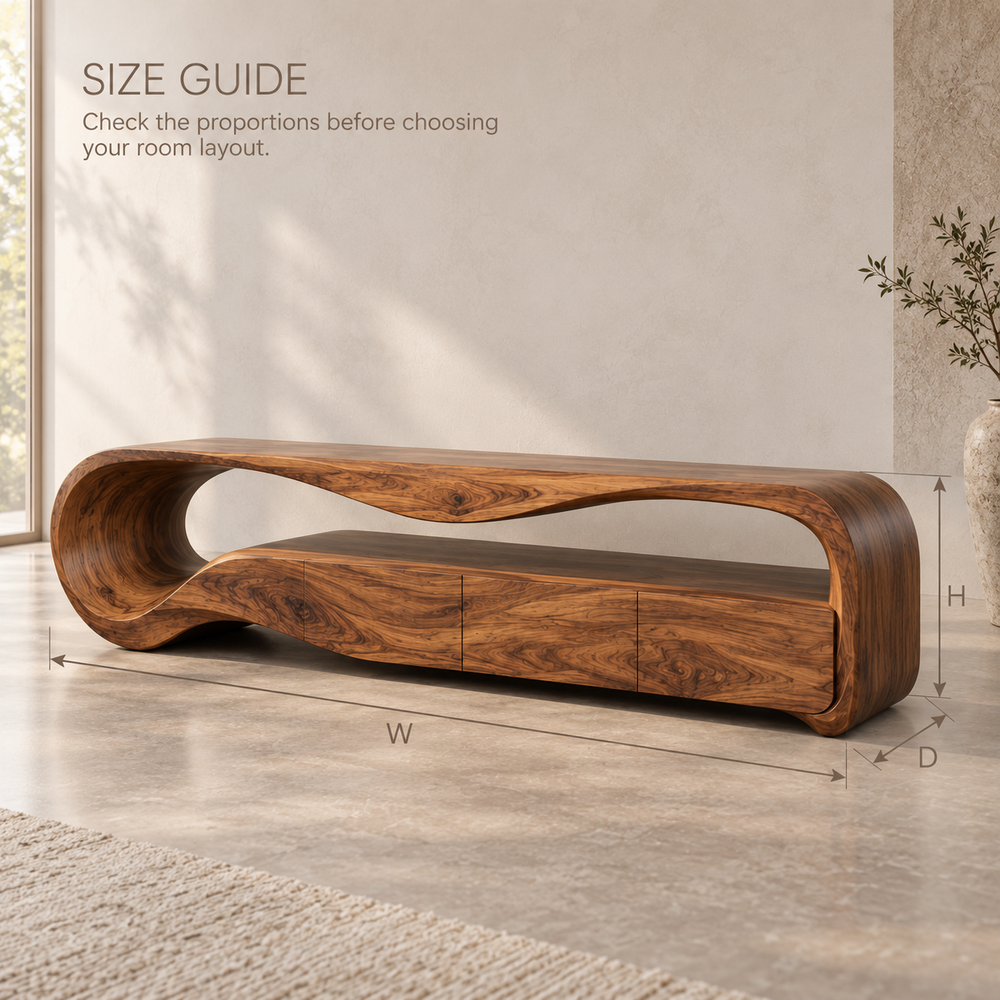 Aurelia Sculptural Solid Wood TV Stand - Design 133 - product detail and styling view 7