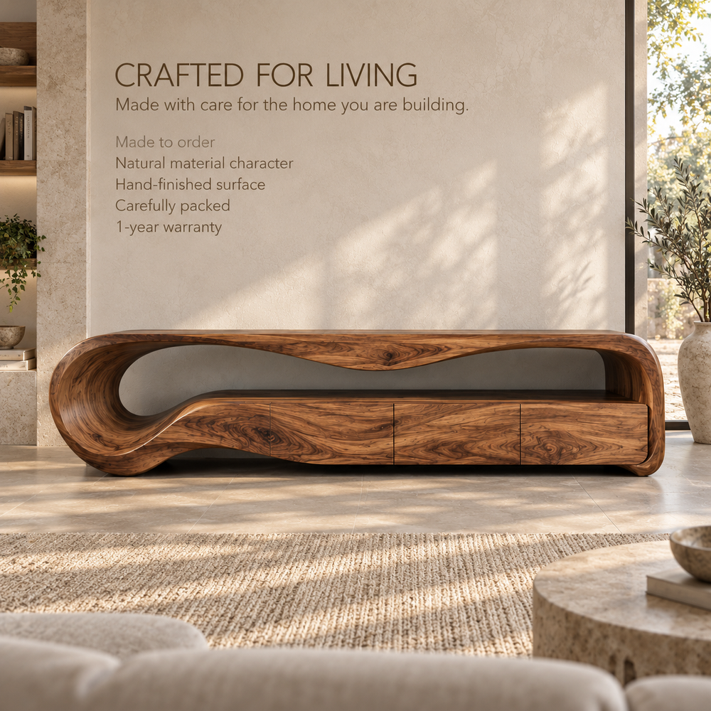 Aurelia Sculptural Solid Wood TV Stand - Design 133 - product detail and styling view 8
