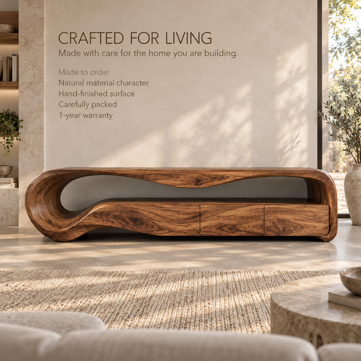 Aurelia Sculptural Solid Wood TV Stand - Design 133 - product detail and styling view 8
