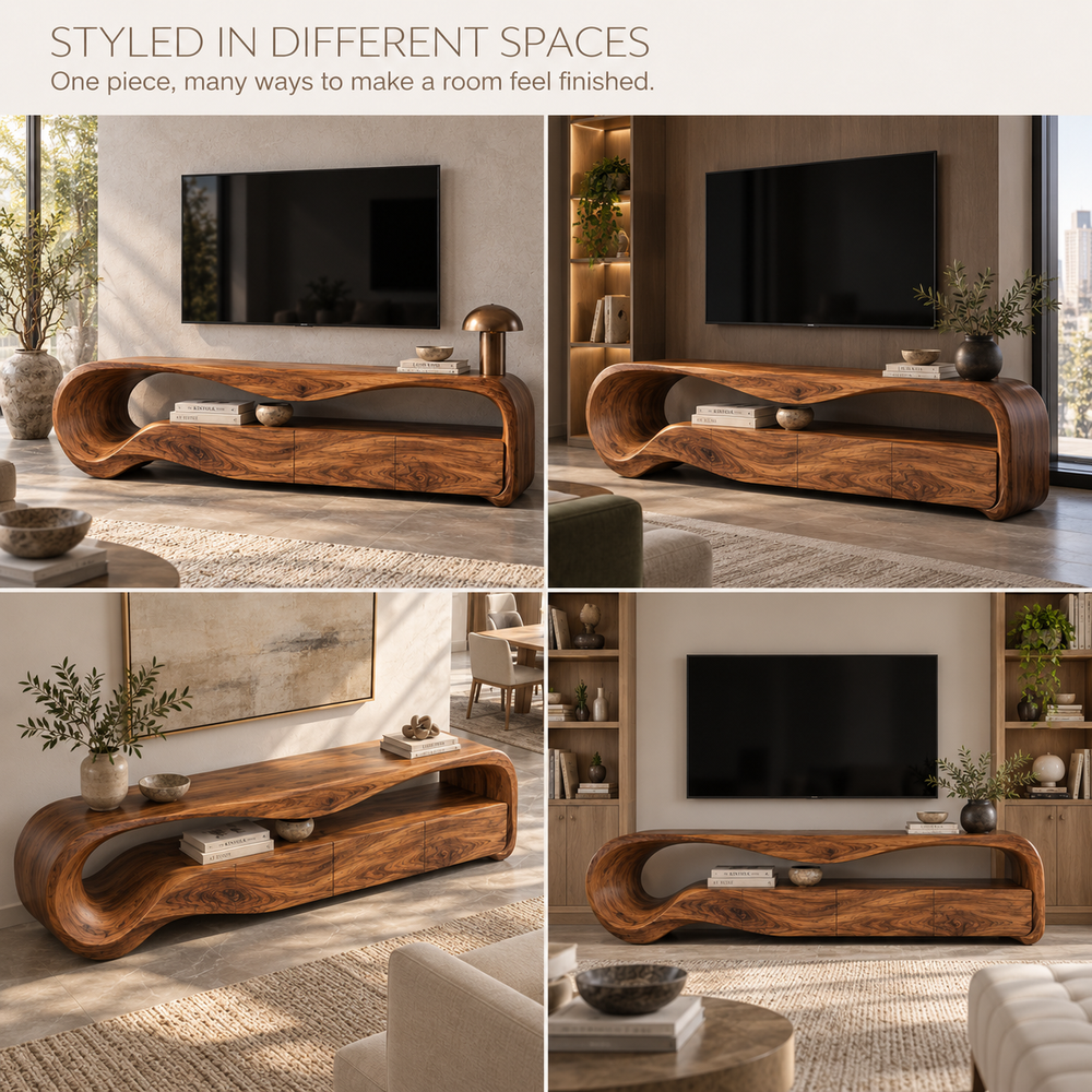 Aurelia Sculptural Solid Wood TV Stand - Design 133 - product detail and styling view 9