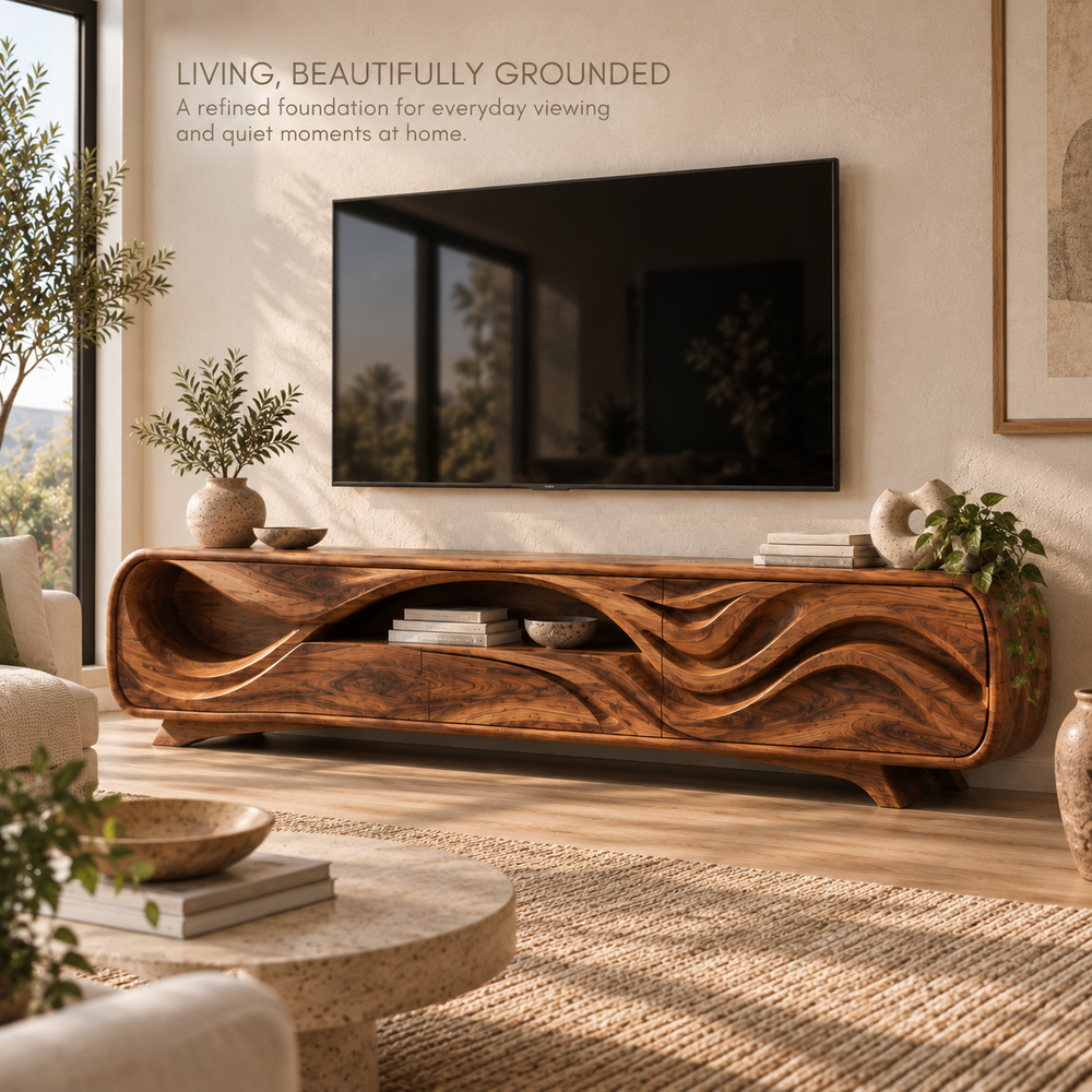 Liora Sculptural Solid Wood TV Stand - Design 134 - main lifestyle view