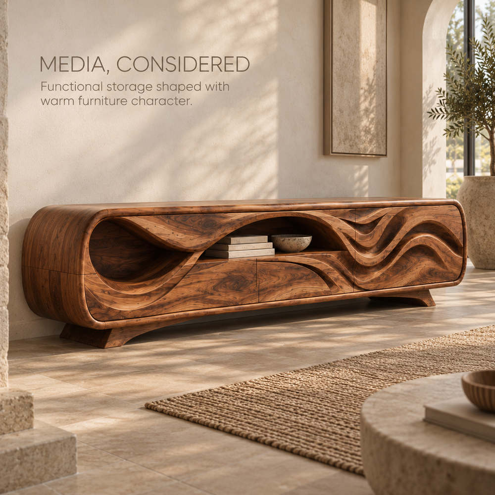 Liora Sculptural Solid Wood TV Stand - Design 134 - product detail and styling view 2