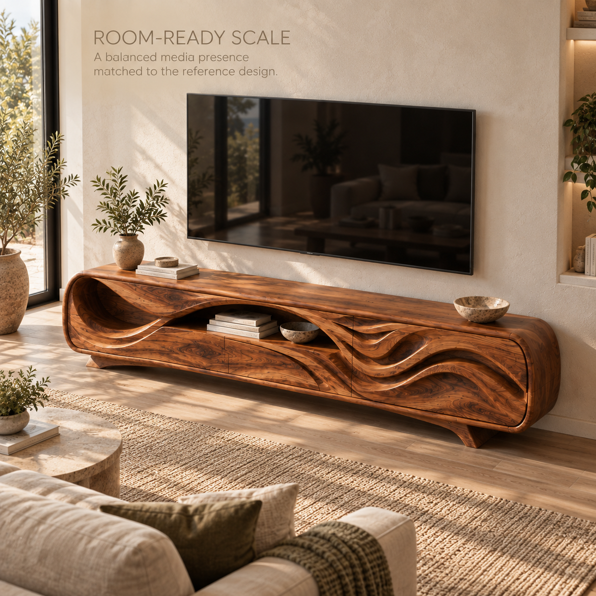 Liora Sculptural Solid Wood TV Stand - Design 134 - product detail and styling view 3