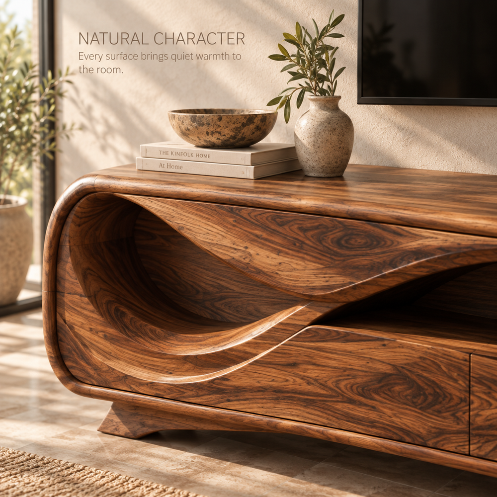 Liora Sculptural Solid Wood TV Stand - Design 134 - product detail and styling view 4