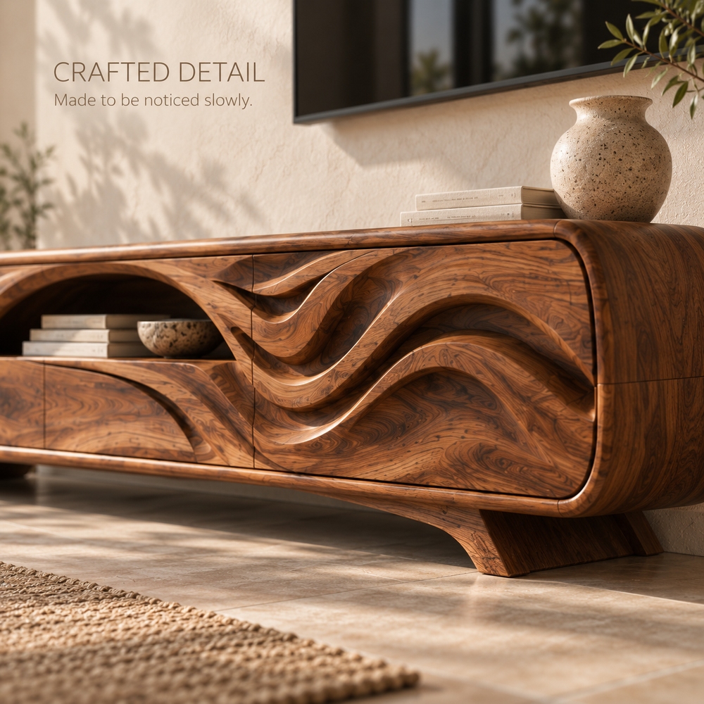 Liora Sculptural Solid Wood TV Stand - Design 134 - product detail and styling view 5