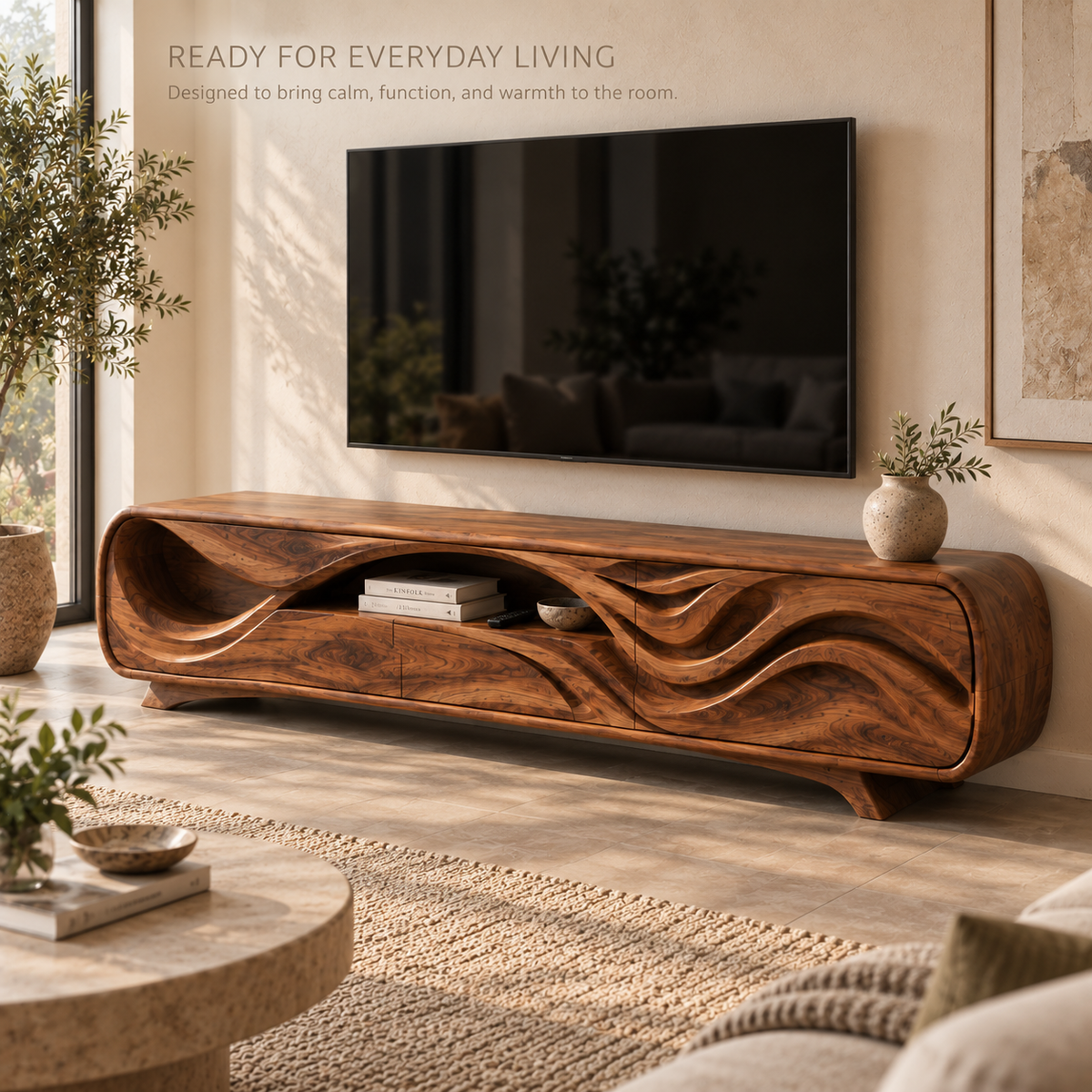 Liora Sculptural Solid Wood TV Stand - Design 134 - product detail and styling view 6