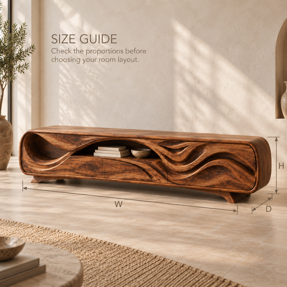 Liora Sculptural Solid Wood TV Stand - Design 134 - product detail and styling view 7