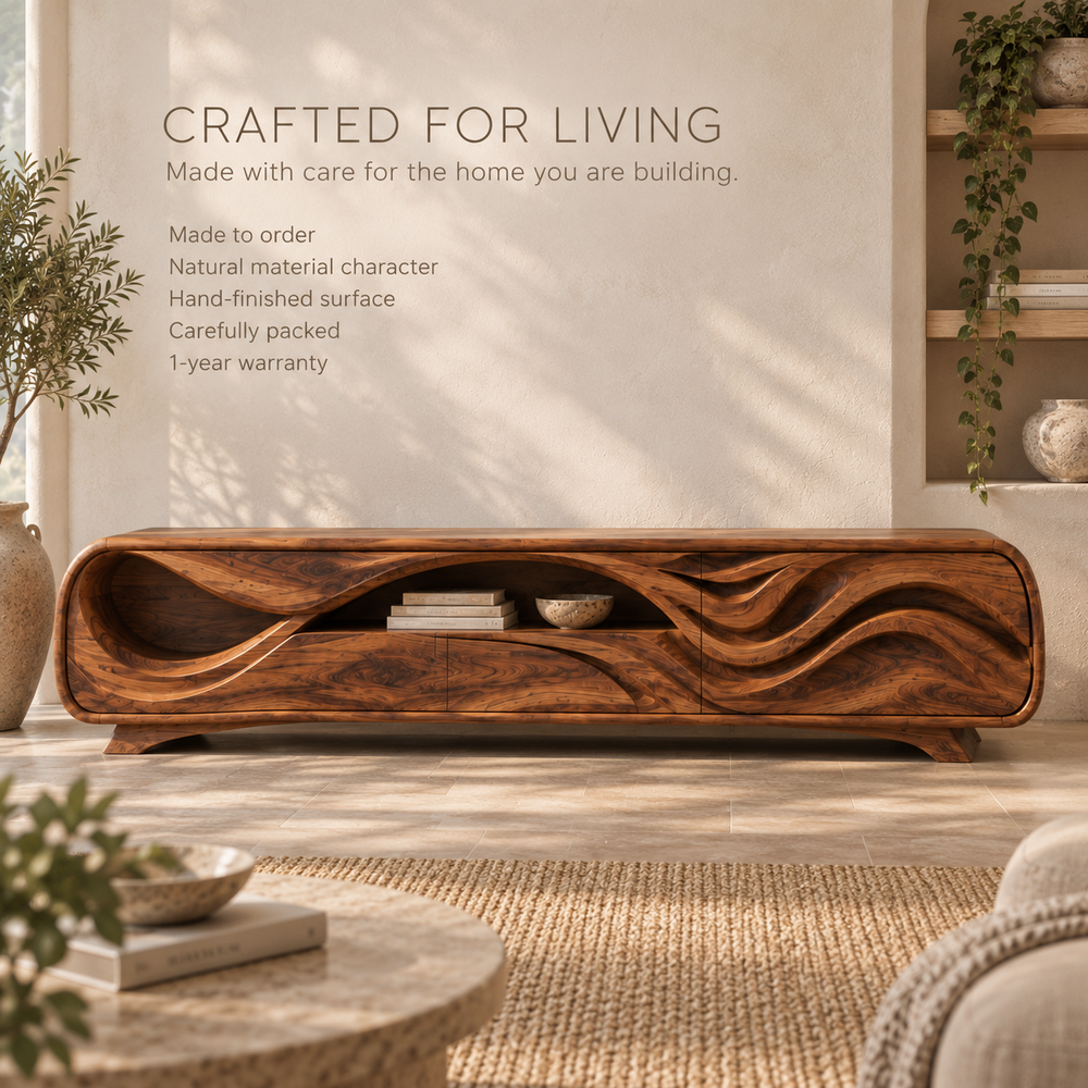 Liora Sculptural Solid Wood TV Stand - Design 134 - product detail and styling view 8