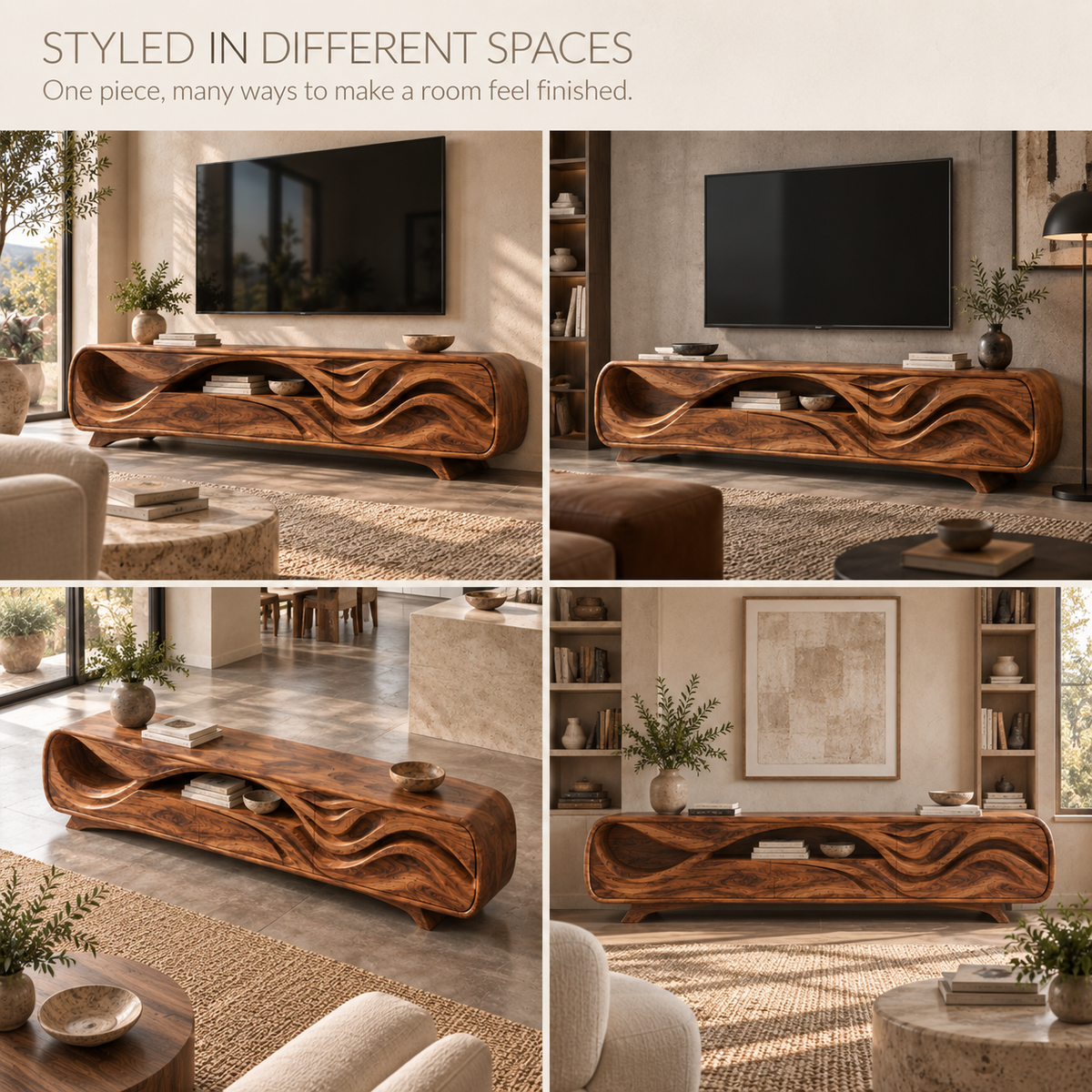 Liora Sculptural Solid Wood TV Stand - Design 134 - product detail and styling view 9
