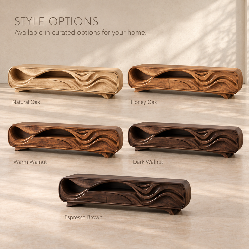 Liora Sculptural Solid Wood TV Stand - Design 134 - product detail and styling view 10