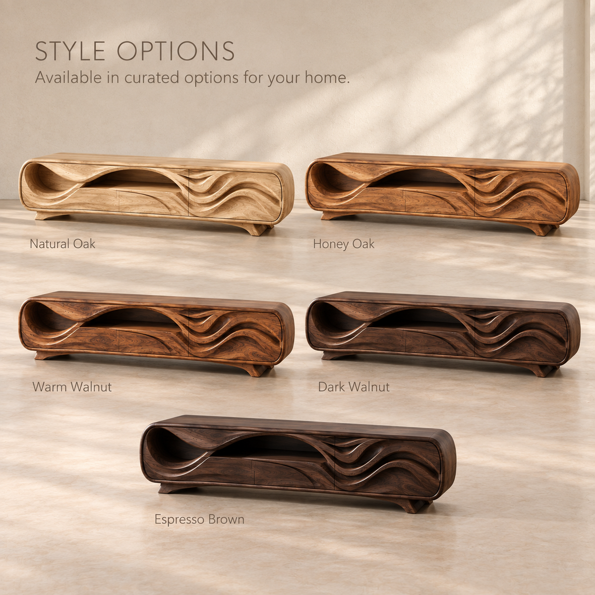 Liora Sculptural Solid Wood TV Stand - Design 134 - product detail and styling view 10