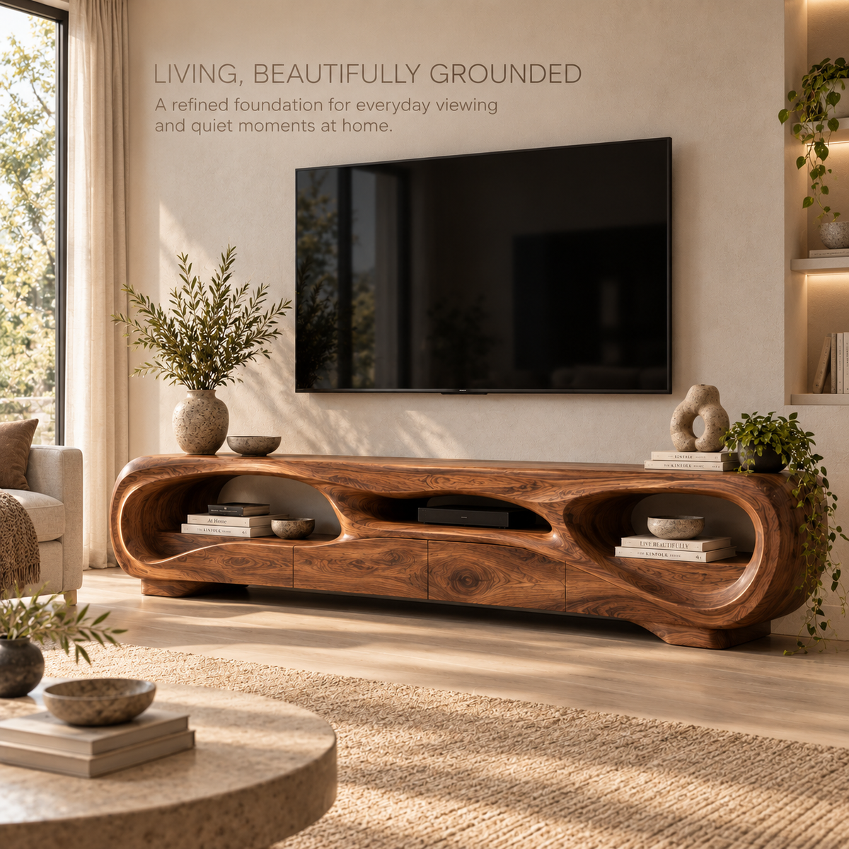 Nolan Sculptural Solid Wood TV Stand - Design 135 - main lifestyle view