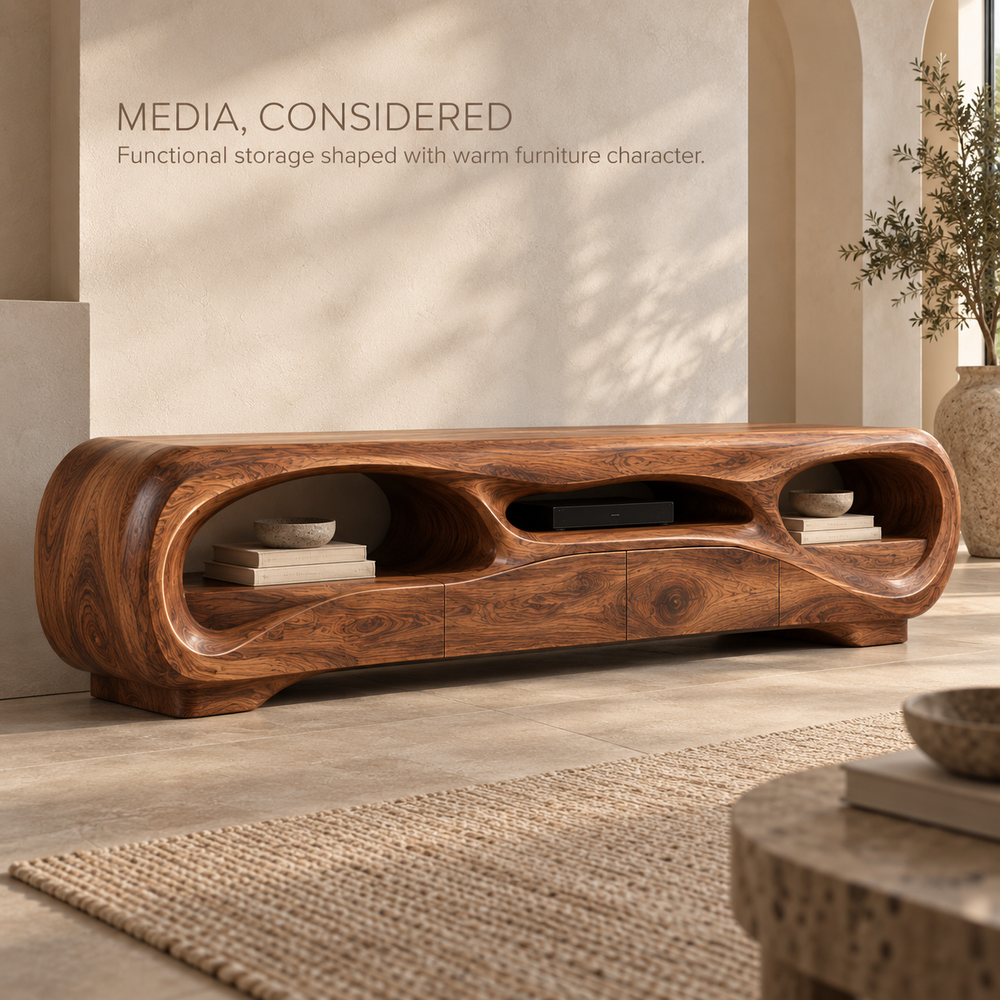 Nolan Sculptural Solid Wood TV Stand - Design 135 - product detail and styling view 2
