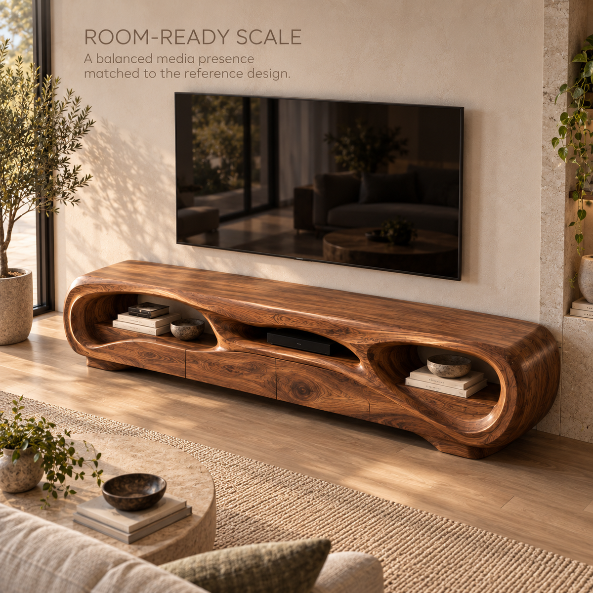 Nolan Sculptural Solid Wood TV Stand - Design 135 - product detail and styling view 3