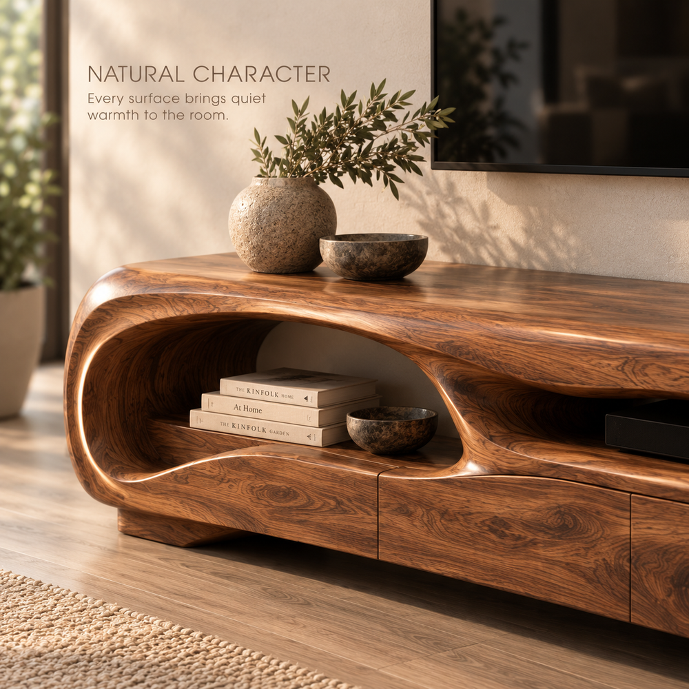 Nolan Sculptural Solid Wood TV Stand - Design 135 - product detail and styling view 4