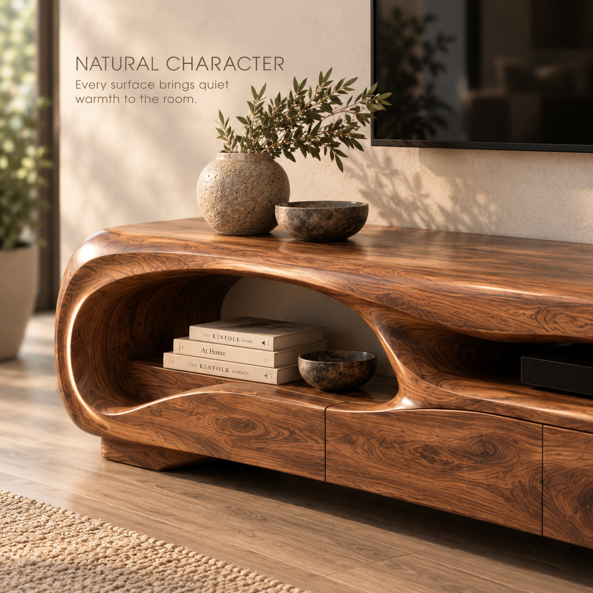 Nolan Sculptural Solid Wood TV Stand - Design 135 - product detail and styling view 4