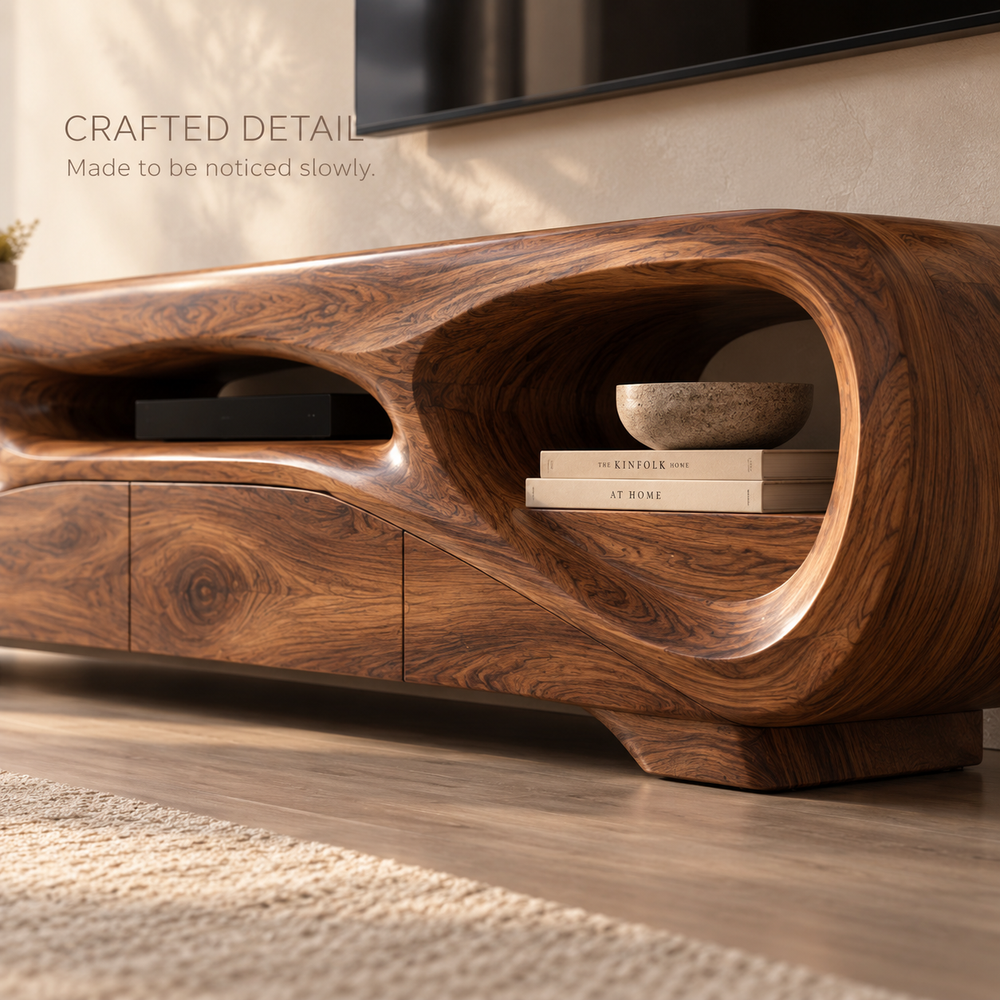 Nolan Sculptural Solid Wood TV Stand - Design 135 - product detail and styling view 5
