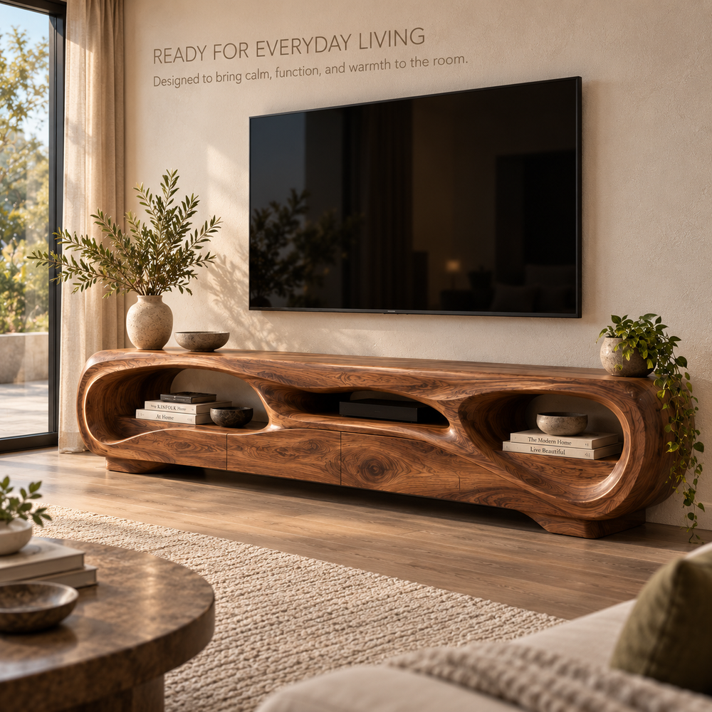 Nolan Sculptural Solid Wood TV Stand - Design 135 - product detail and styling view 6
