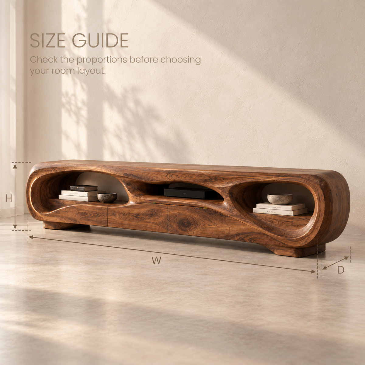 Nolan Sculptural Solid Wood TV Stand - Design 135 - product detail and styling view 7