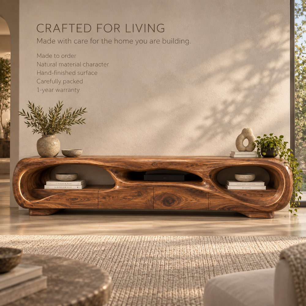 Nolan Sculptural Solid Wood TV Stand - Design 135 - product detail and styling view 8