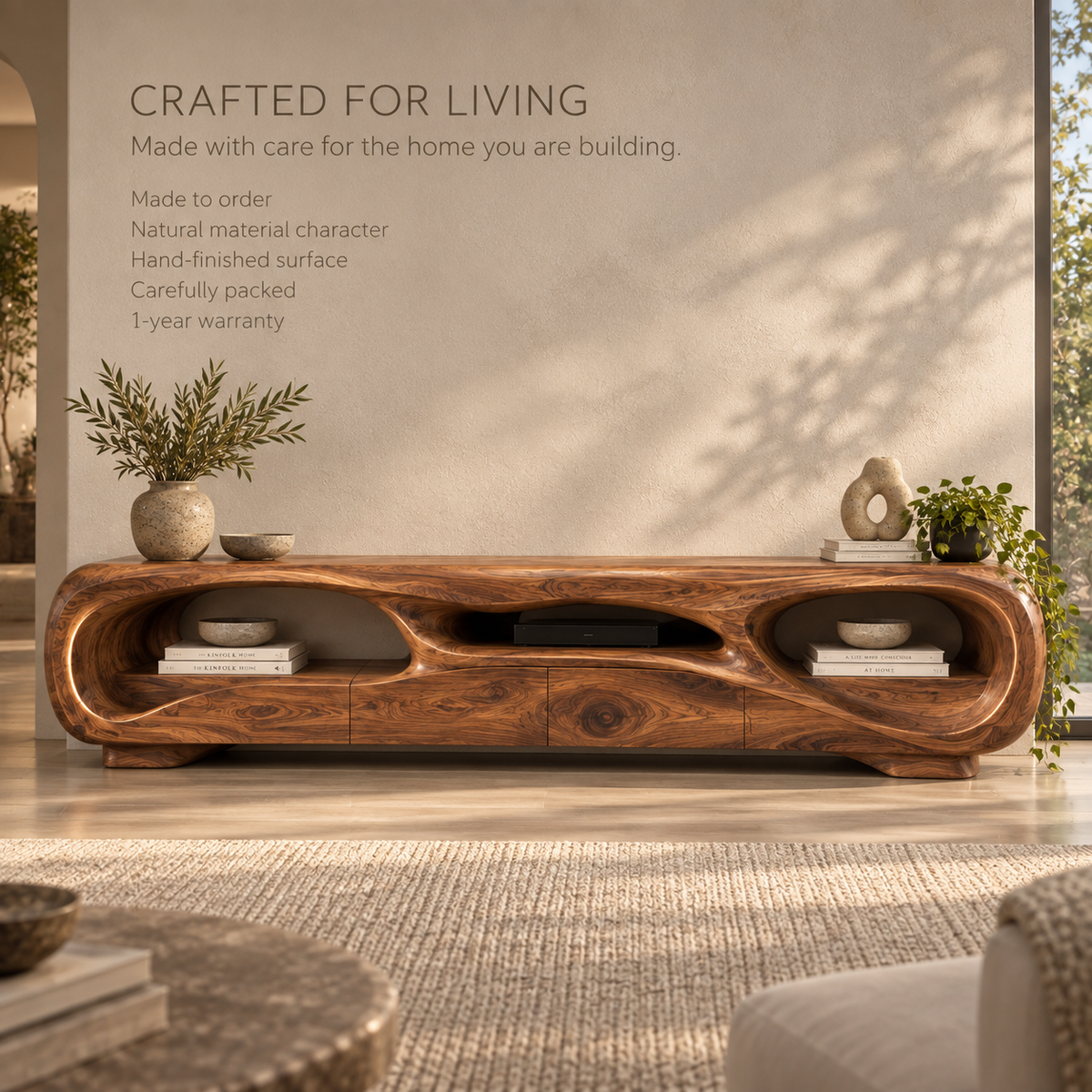 Nolan Sculptural Solid Wood TV Stand - Design 135 - product detail and styling view 8