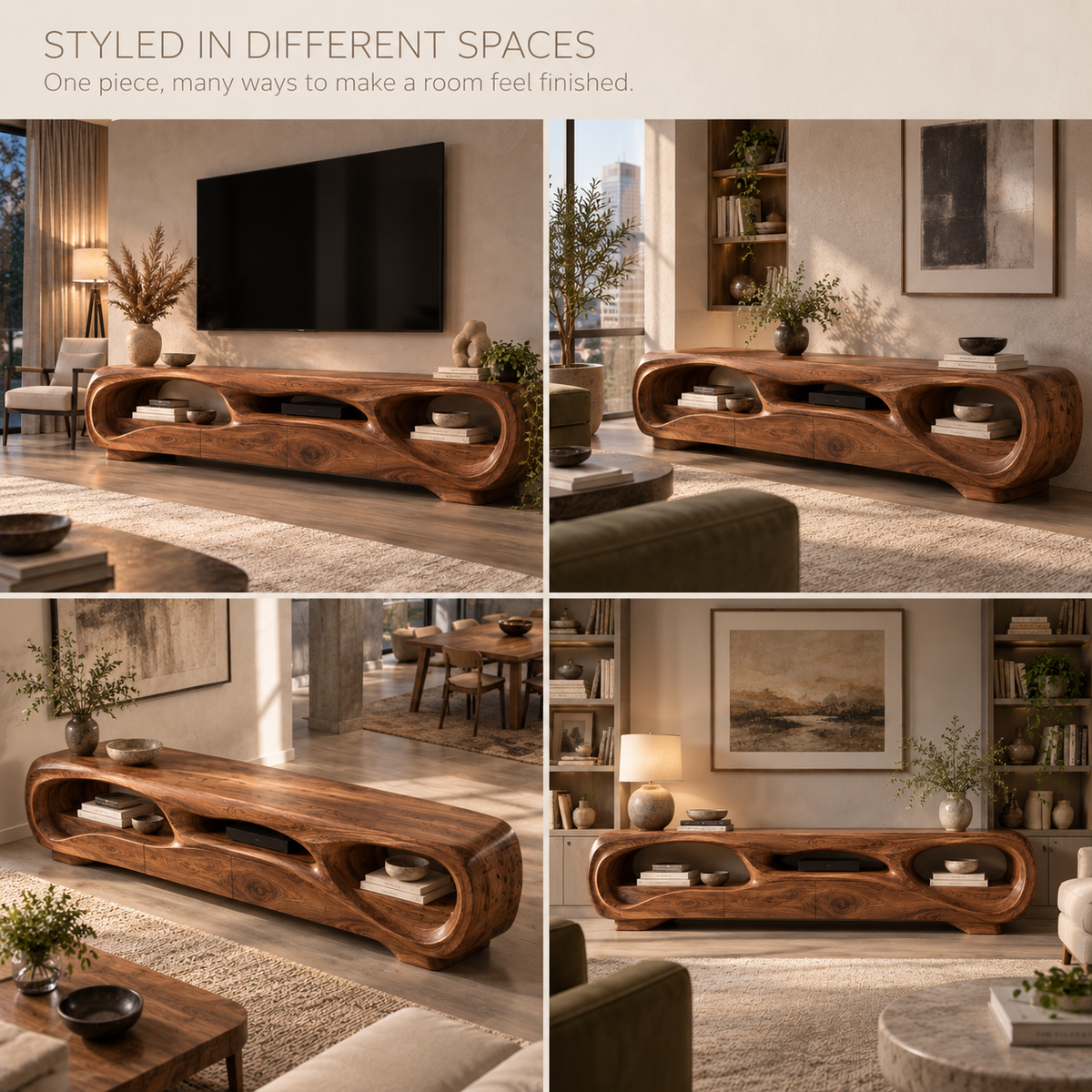 Nolan Sculptural Solid Wood TV Stand - Design 135 - product detail and styling view 9