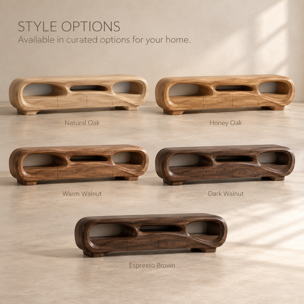 Nolan Sculptural Solid Wood TV Stand - Design 135 - product detail and styling view 10