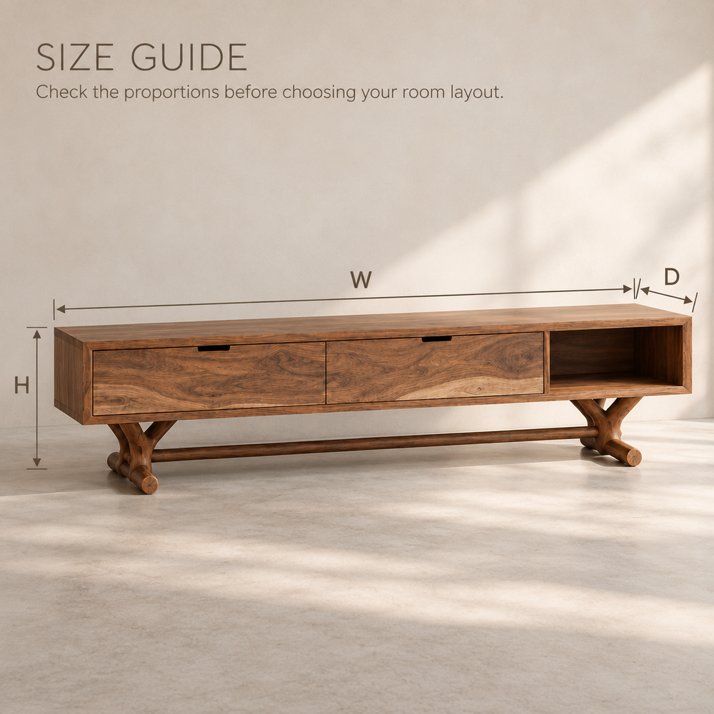 Alderwick Sculptural Solid Wood TV Stand - Design 136 - size guide
