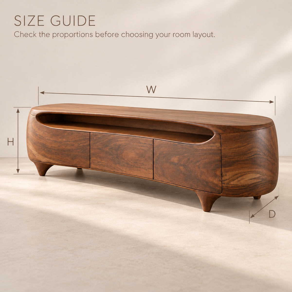 Cedarvale Sculptural Solid Wood TV Stand - Design 138 - size guide