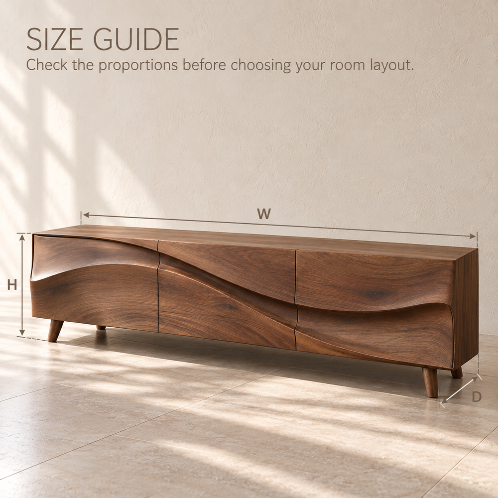 Dunmere Sculptural Solid Wood TV Stand - Design 139 - size guide