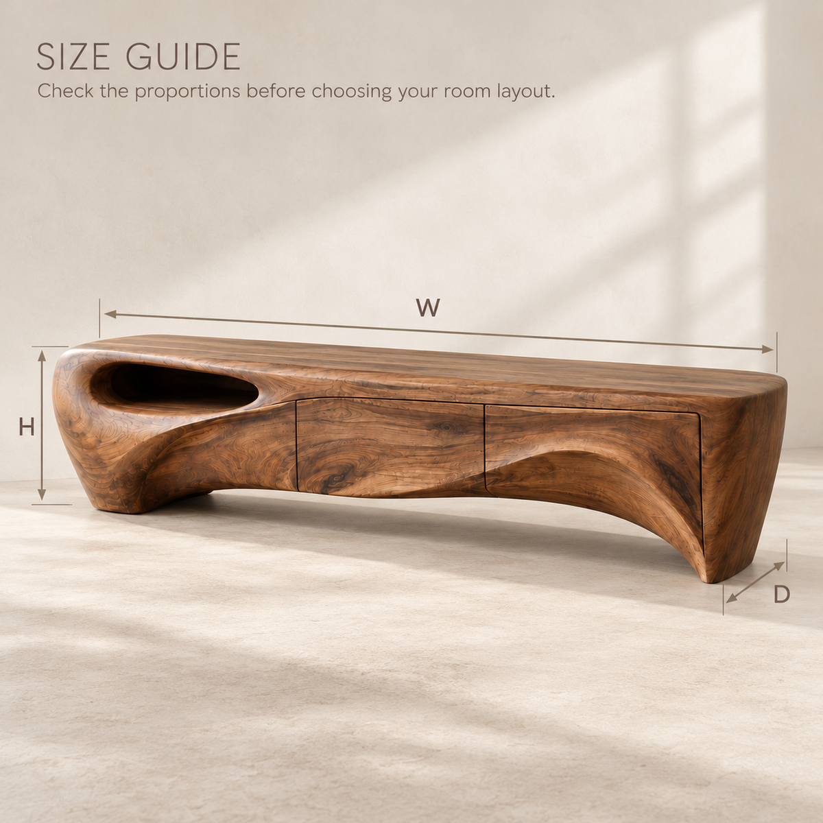 Fairhaven Sculptural Solid Wood TV Stand - Design 141 - size guide