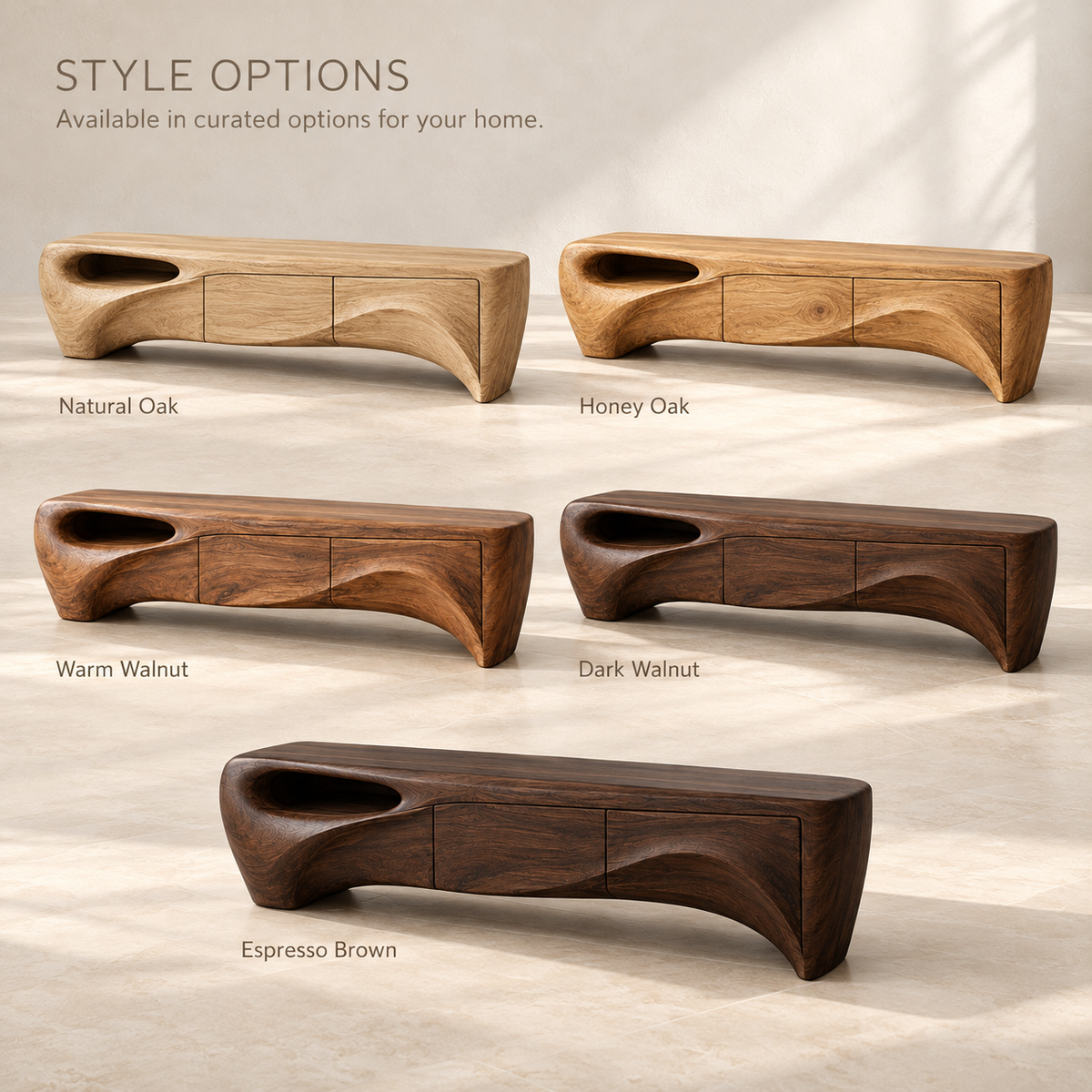 Fairhaven Sculptural Solid Wood TV Stand - Design 141 - wood finish options