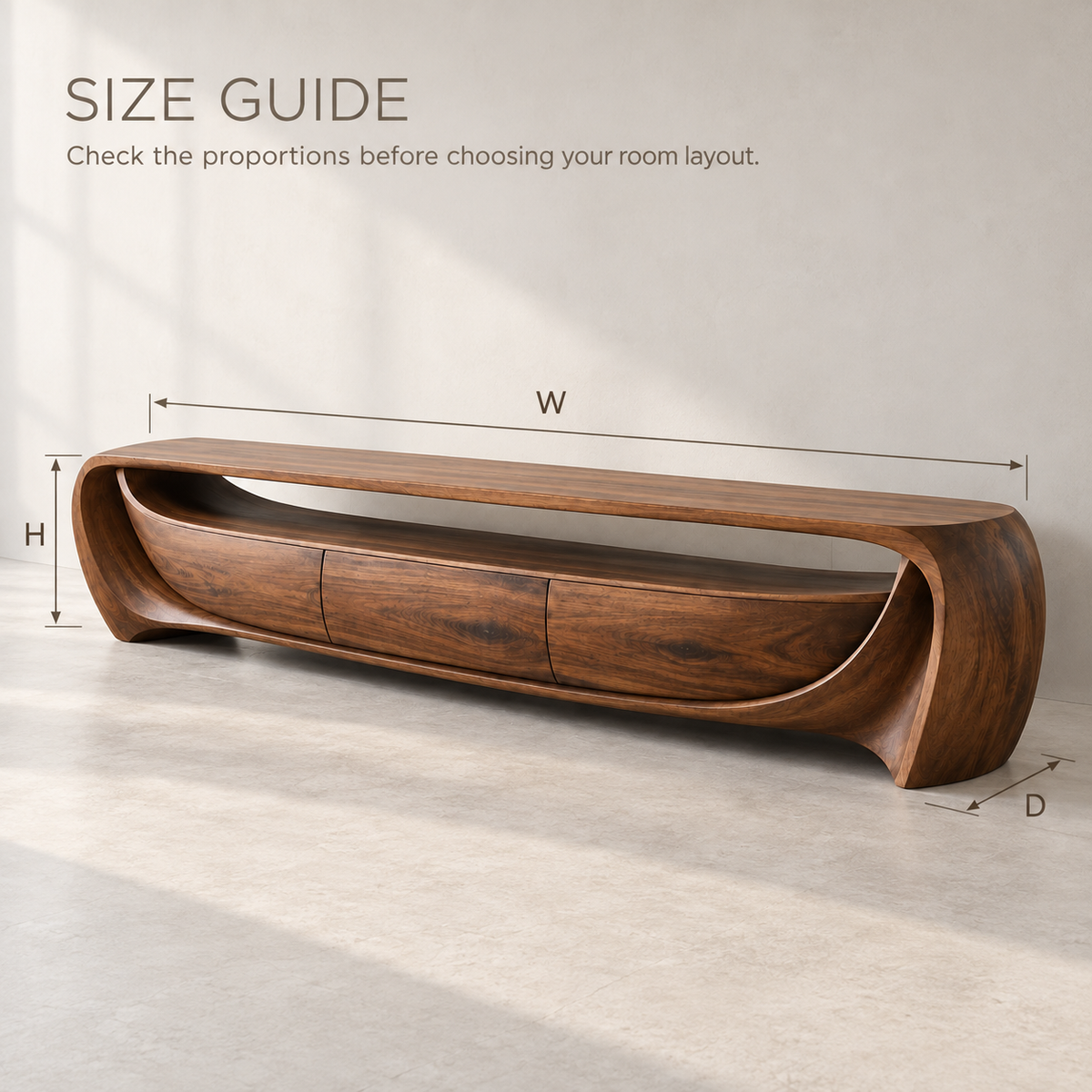 Glenford Sculptural Solid Wood TV Stand - Design 142 - size guide
