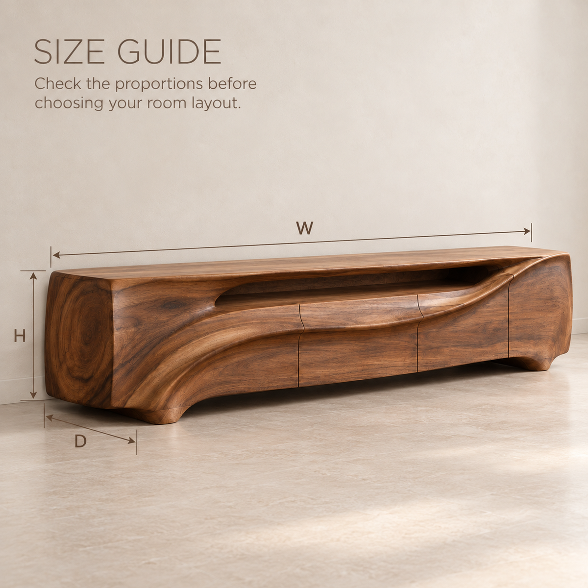 Hartwell Sculptural Solid Wood TV Stand - Design 143 - size guide